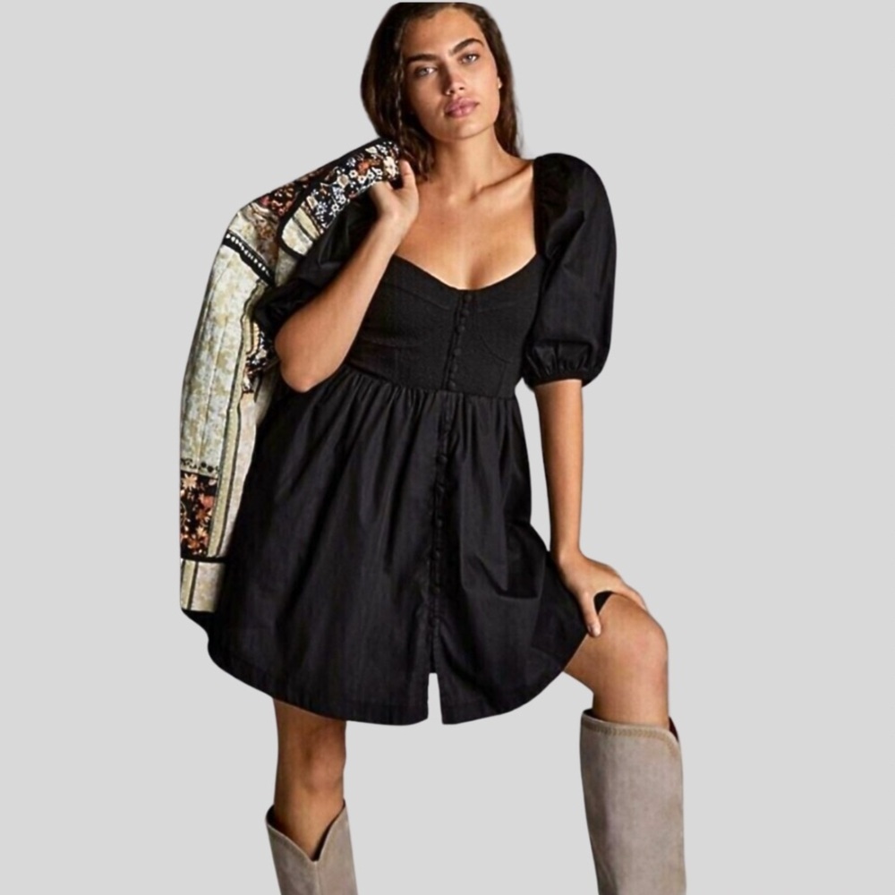 Maeve by Anthropologie‎ Black Puff-Sleeved Sweetheart Mini Dress, SZ M EUC